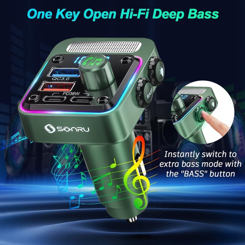 SONRU Bluetooth 5.3 FM Transmitter Car Adapter - Car Charger 54W [PD 36W & QC3.0 18W], Wireless FM Radio Transmitter [HiFi Treble & Bass Player], 5 Colors LED Backlit, Hands-Free Calling, U-Disk - Image 5
